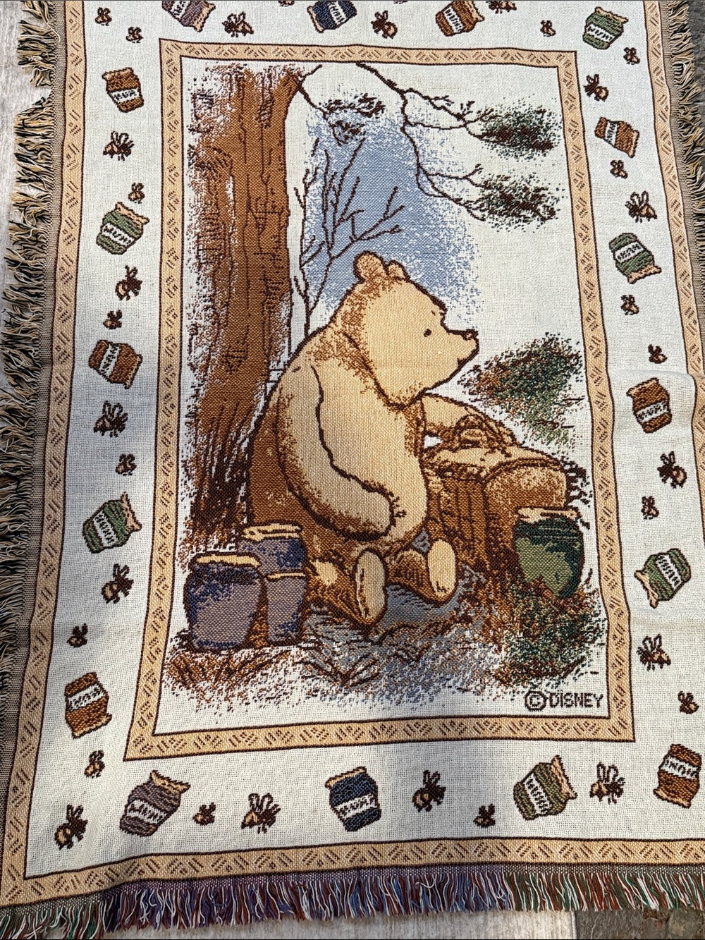 Disney Winnie the Pooh Beige, Brown, Green Tapestry Throw 3.25 x 4.25